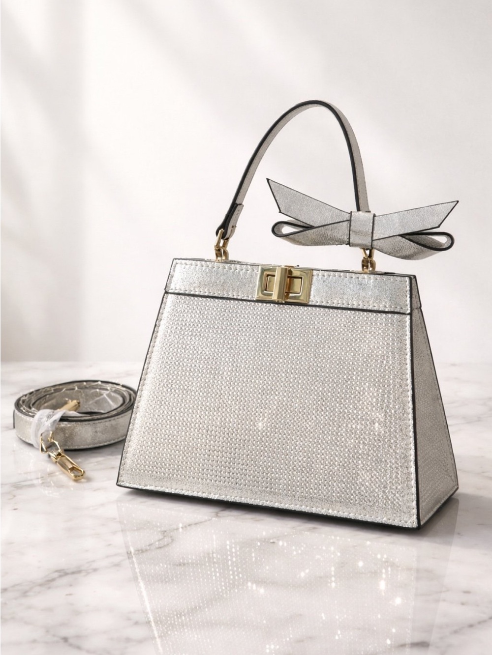 Alessia Metallic Silver Structured Top Handle Bag Bow Convertible Crossbody NWT